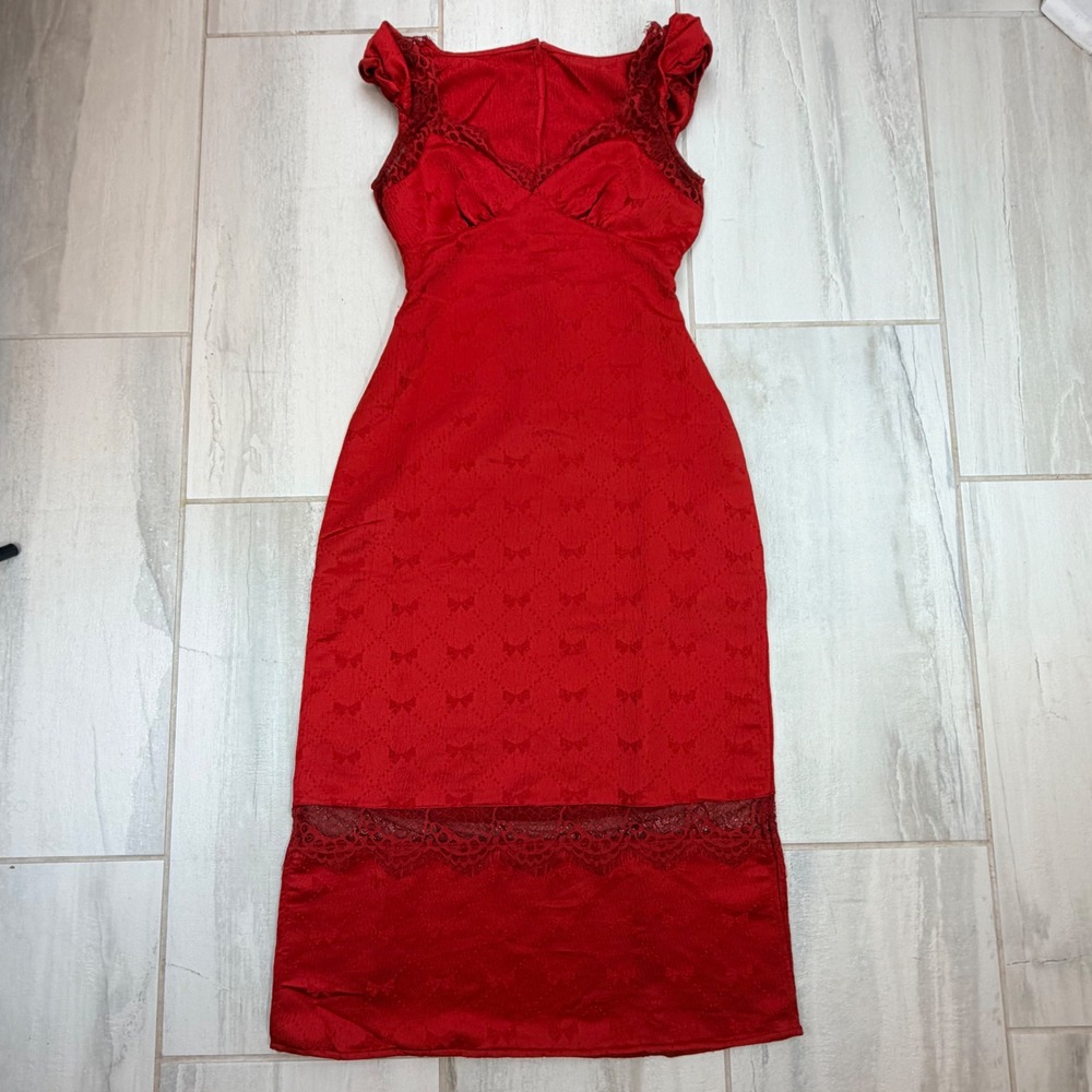 Free People Red Jacquard Lace Trim Midi Dress OB2122098 XS